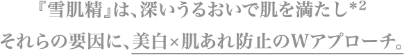『雪肌精』は、深いうるおいで肌を満たし＊2それらの要因に、美白×肌あれ防止のWアプローチ。