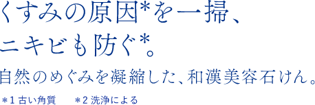 くすみの原因*を一掃、ニキビも防ぐ*。自然のめぐみを凝縮した、和漢美容石けん。*1古い角質 *2洗浄による