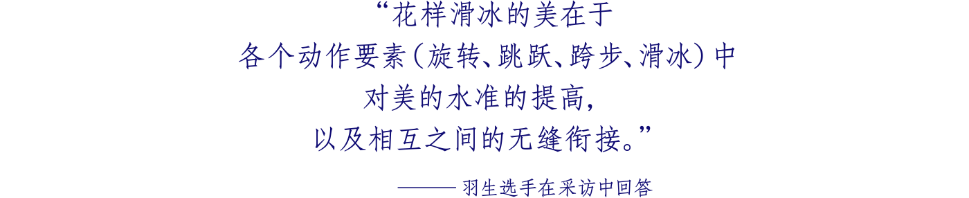 花样滑冰的美在于 各个动作要素（旋转、跳跃、跨步、滑冰）中 对美的水准的提高， 以及相互之间的无缝衔接。─羽生选手在采访中回答