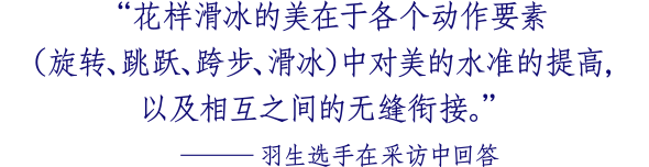 花样滑冰的美在于 各个动作要素（旋转、跳跃、跨步、滑冰）中 对美的水准的提高， 以及相互之间的无缝衔接。─羽生选手在采访中回答